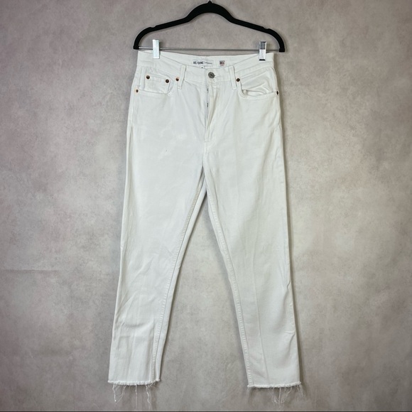 Re/Done Originals High Rise Ankle Crop Stretch Raw Hem Denim Jeans Size 28 White - Picture 1 of 9